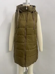 Long olive green hooded quilted vest jacket for women with full front zipper.