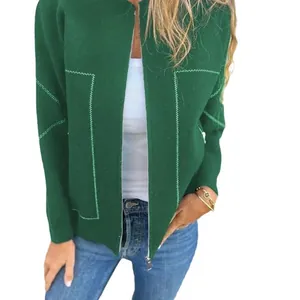 Veste élégante en imitation laine vert foncé avec col montant et coupe ample pour femme