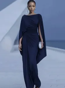 Elegant navy blue draped evening gown with cape sleeves and slim fit silhouette for women.