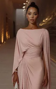 Elegant mauve pink evening gown with pleated cape sleeve and slim fit design