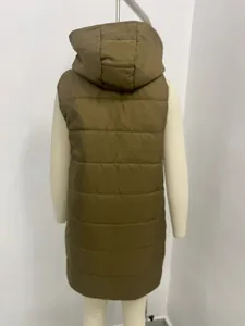 Detailed back view of a women's long-length olive green hooded padded vest for winter.