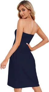Elegant navy blue strapless tube dress with smocked back detail for summer fashion
