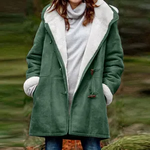 Women's winter warm green hooded coat with white fleece lining and toggle buttons