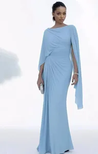 Elegant light blue evening gown with draped bodice and flowing cape-style sleeves