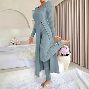 Elegant crew neck side slit long sleeve top and leggings two-piece set in blue ribbed fabric