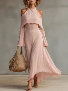 Women Halter Neck Cold Shoulder Ruffle Long Sleeve T-Shirt Summer Resort Style Loose Solid Color Wave Edge Top Fashion