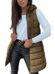 Mid-length olive green hooded puffer vest for women featuring a quilted design.
