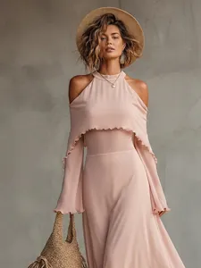 Full view of pink cold-shoulder top with ruffled sleeves and high neck for summer style