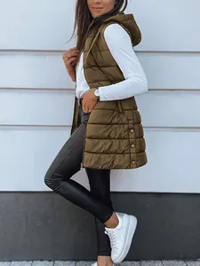 Close-up of a mid-length olive green hooded puffer vest for women with side button details