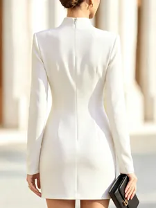 Back view of a white slim-fit high-neck long-sleeved evening mini dress for women