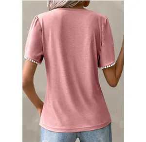 Detailed back view of casual pink summer T-shirt featuring unique tulip sleeves with white lace trim