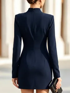 Detailed back view of an elegant navy blue slim-fit mini dress featuring a mock neck.