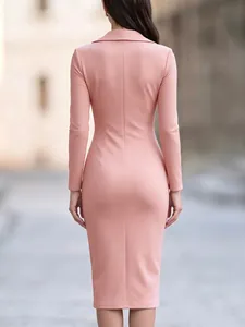Elegant back view of pink long-sleeve blazer collar dress with slim fit tailoring
