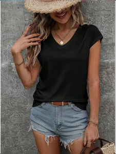 Casual women's black V-neck short sleeve T-shirt paired with denim shorts and a straw hat.