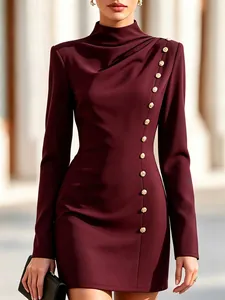 Detail of elegant burgundy high-neck mini dress featuring decorative gold buttons and draping
