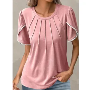 Elegant women's pink round neck T-shirt featuring pleated tulip sleeves with white pom-pom trim