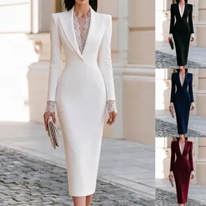 Women's Elegant Blazer Collar Lace Patchwork Long Sleeve Bodycon Midi Dress Professional Business Commuter Polyester Office Dress