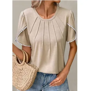 Summer casual women's T-shirt featuring pleated round neck and tulip sleeves with trim