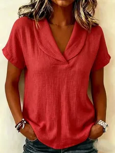Chemise décontractée rouge à col en V pour femmes en coton et lin, coupe ample d'été