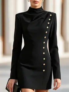Detail of elegant black mock neck mini dress with draped front and gold button accents.