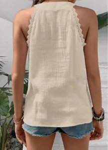Vista posteriore di top senza maniche beige con tessuto strutturato e pizzo