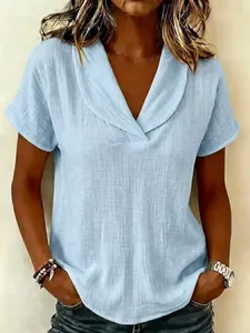 Chemise décontractée en coton et lin bleu clair à col en V pour femmes ample