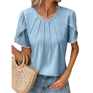 Women's light blue summer T-shirt featuring pleated round neck and tulip sleeves