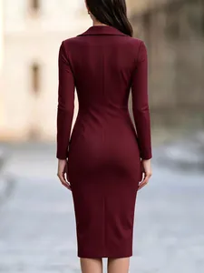 Elegant burgundy long sleeve midi dress with suit collar for professional office wear back view
