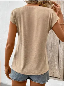 Detailed back view of a casual beige short-sleeved V-neck T-shirt with a relaxed fit