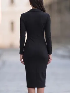 Back view of elegant black long-sleeve midi dress with suit collar and slim fit for office wear