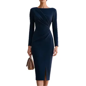 Élégante robe midi bleu marine à col bateau, manches longues, taille froncée et fente