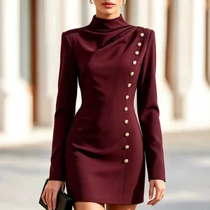 Elegant burgundy long-sleeved mini dress with gold buttons and pleated mock neck design