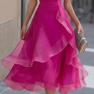 Elegant magenta ruffled mesh midi dress for women featuring a stylish multi-layer tiered design