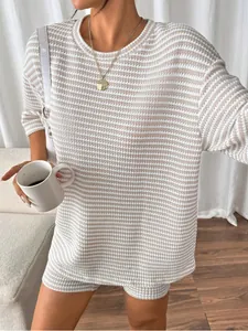 Close-up of the horizontal striped texture on this women's ribbed knit two-piece set
