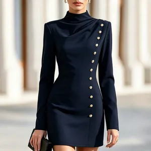 Elegant navy blue semi-high neck pleated slim mini dress with decorative gold buttons