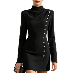 Elegant black mock neck bodycon mini dress with ruched detail and gold-tone buttons