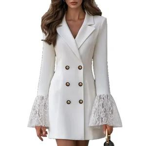 Elegant white slim fit blazer dress with lace patchwork bell sleeves and gold buttons