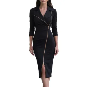 Elegant black slim-fit dress with blazer collar and diagonal gold zipper details