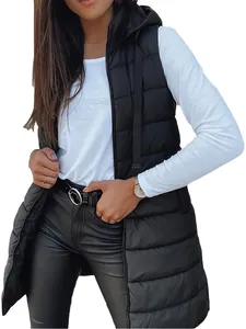 Detailed view of women's black mid-length hooded puffer vest with zipper closure.