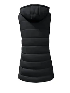 Back view of a longline black hooded puffer vest for women with quilted detail