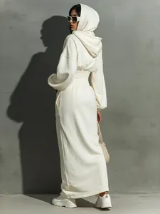White hooded cinched waist long sleeve maxi dress for women in casual autumn style