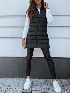 Stylish women's longline black quilted puffer vest featuring functional zipper detail