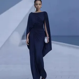 Women Ruched Cape Sleeve Maxi Dress Elegant Solid Color Slash Neck Formal Evening Party Gown Polyester Spandex Slim Fit Dress