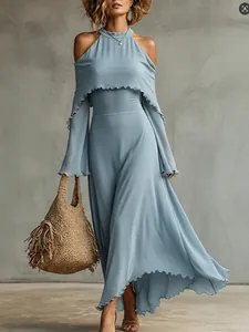 Elegant dusty blue off-shoulder ruffled maxi dress with high neck for summer resort style