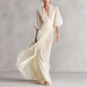 Elegante Vestido Largo Cruzado con Cuello en V Profundo para Mujer Mangas de Linterna Cintura con Lazo Ajustada Poliéster Spandex Estilo de Celebridad Vestido Largo