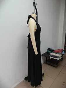 Elegant black halter neck maxi dress with deep V-neckline for women
