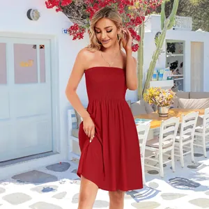 Elegant red strapless smocked dress for women, ideal for summer beach and casual vacation