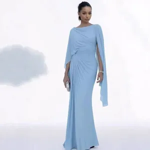 Elegant light blue floor-length evening gown with pleated bodice and cape sleeve design