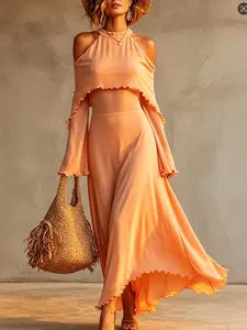 Elegant apricot ruffle cold-shoulder long-sleeve maxi dress for summer resort fashion
