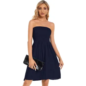 Elegant navy blue strapless tube top dress for women stylish summer fashion outfit